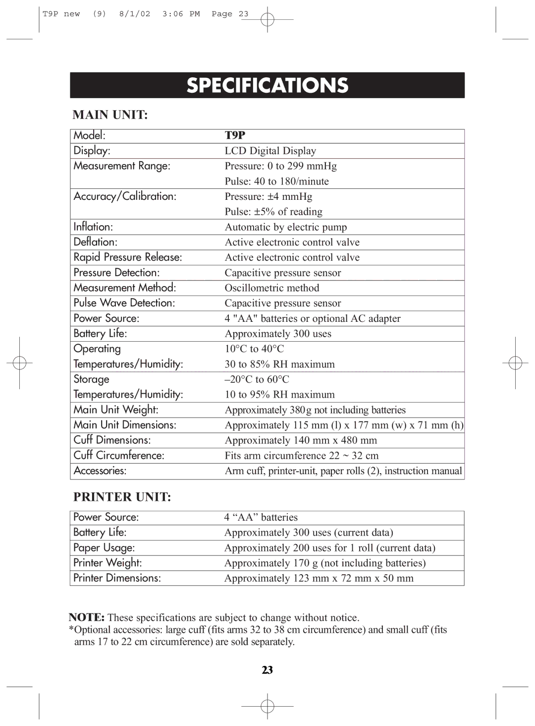 Omron Healthcare T9P instruction manual Specifications, Main Unit 