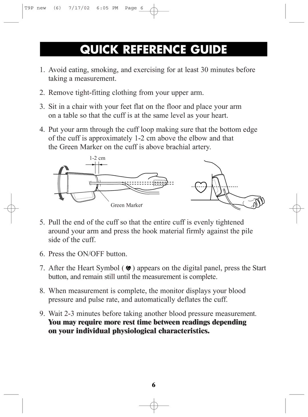 Omron Healthcare T9P instruction manual Quick Reference Guide 