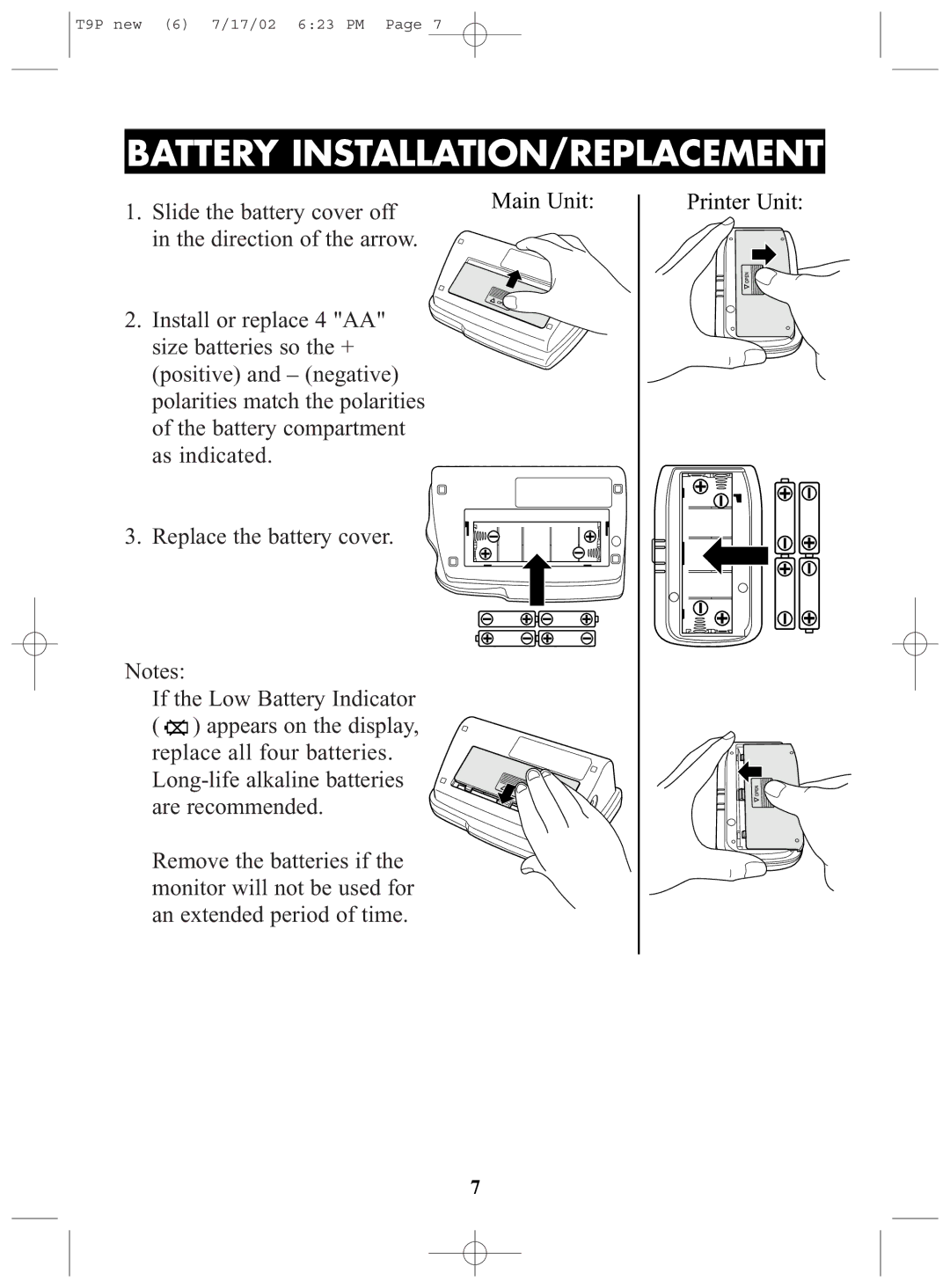 Omron Healthcare T9P instruction manual Battery INSTALLATION/REPLACEMENT 