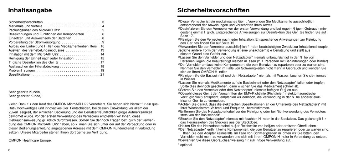 Omron Healthcare U22 instruction manual Inhaltsangabe, Sicherheitsvorschriften 