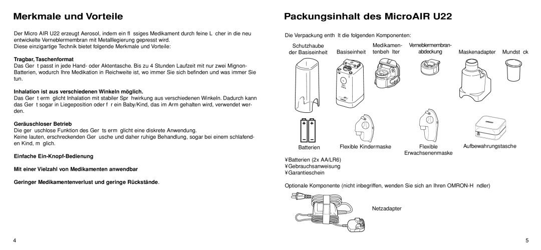 Omron Healthcare Merkmale und Vorteile, Packungsinhalt des MicroAIR U22, Tragbar, Taschenformat, Geräuschloser Betrieb 