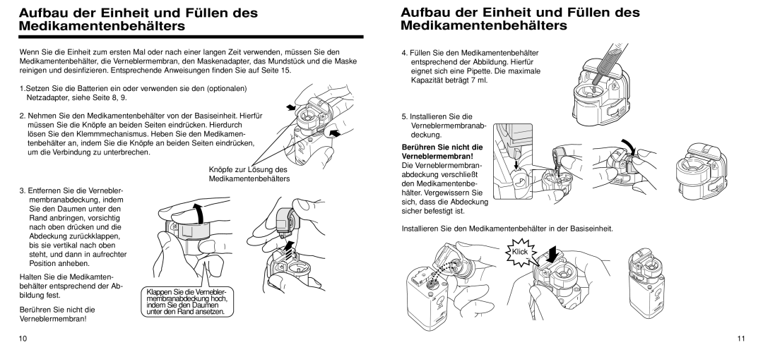 Omron Healthcare U22 instruction manual Aufbau der Einheit und Füllen des Medikamentenbehälters 