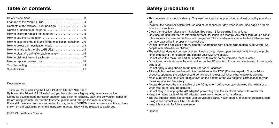 Omron Healthcare U22 instruction manual Table of contents, Safety precautions 