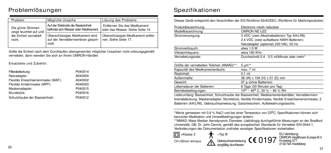 Omron Healthcare U22 instruction manual Spezifikationen, Ersatzteile und Zubehör 