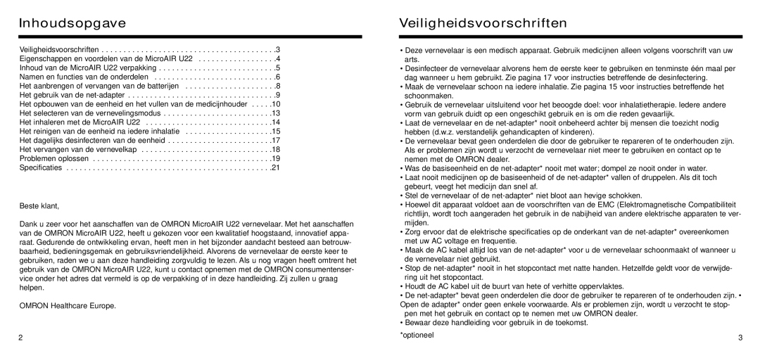 Omron Healthcare U22 instruction manual Inhoudsopgave, Veiligheidsvoorschriften 