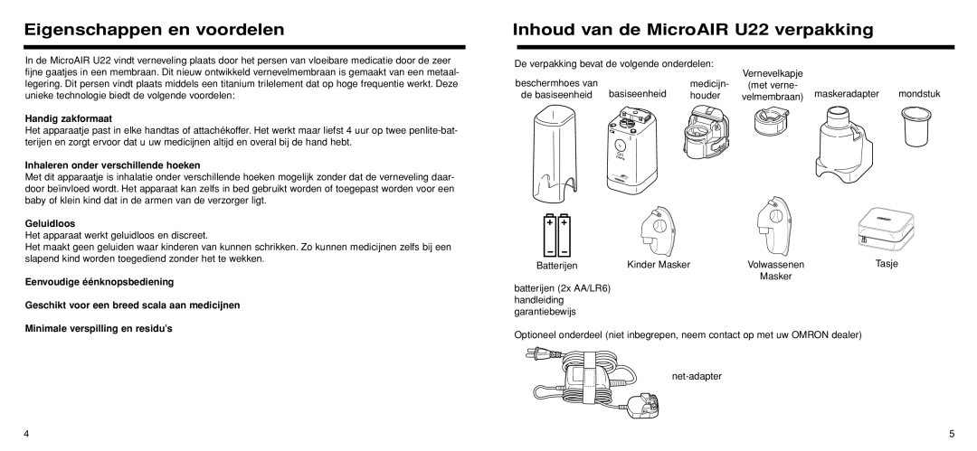 Omron Healthcare Eigenschappen en voordelen, Inhoud van de MicroAIR U22 verpakking, Handig zakformaat, Geluidloos 