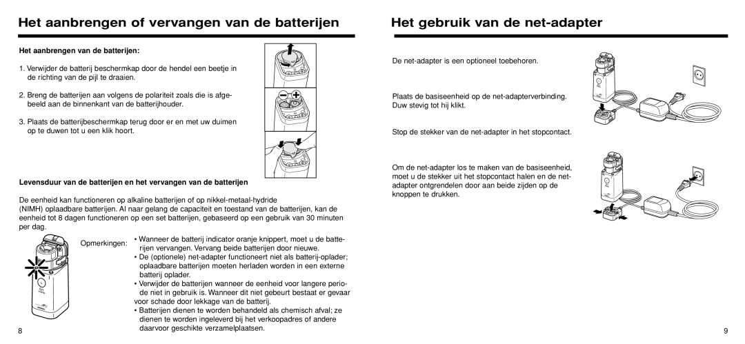 Omron Healthcare U22 instruction manual Het aanbrengen of vervangen van de batterijen, Het gebruik van de net-adapter 