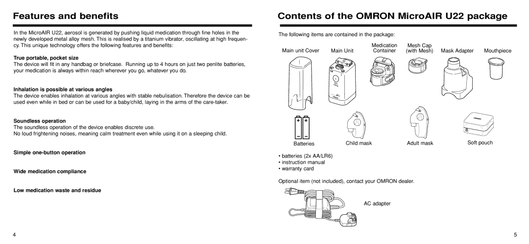 Omron Healthcare instruction manual Features and benefits, Contents of the Omron MicroAIR U22 package 