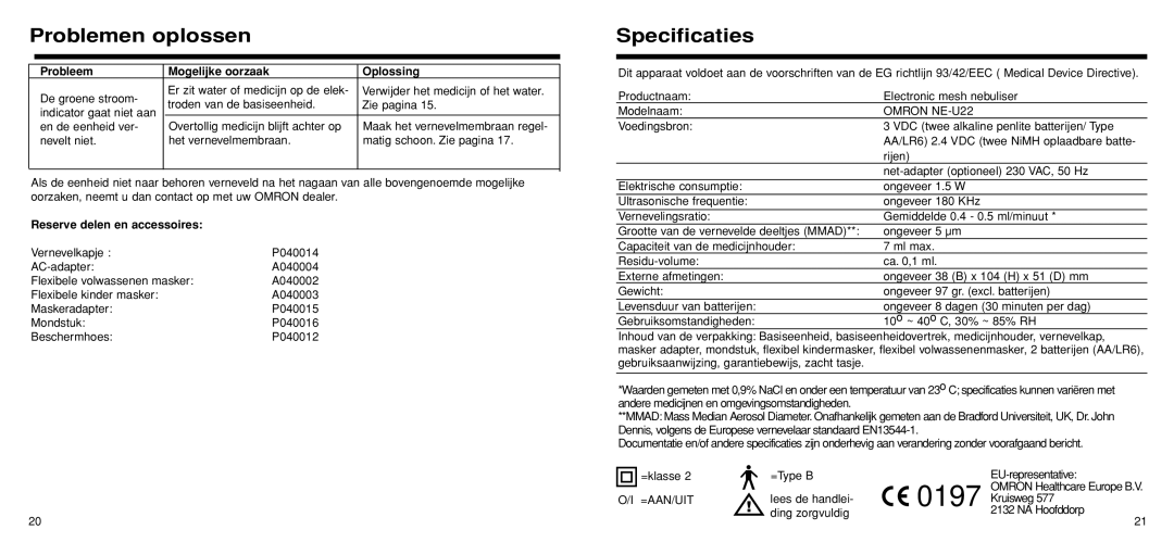 Omron Healthcare U22 instruction manual Specificaties, Reserve delen en accessoires 