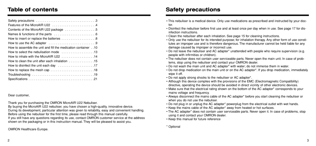 Omron Healthcare U22 instruction manual Table of contents, Safety precautions 