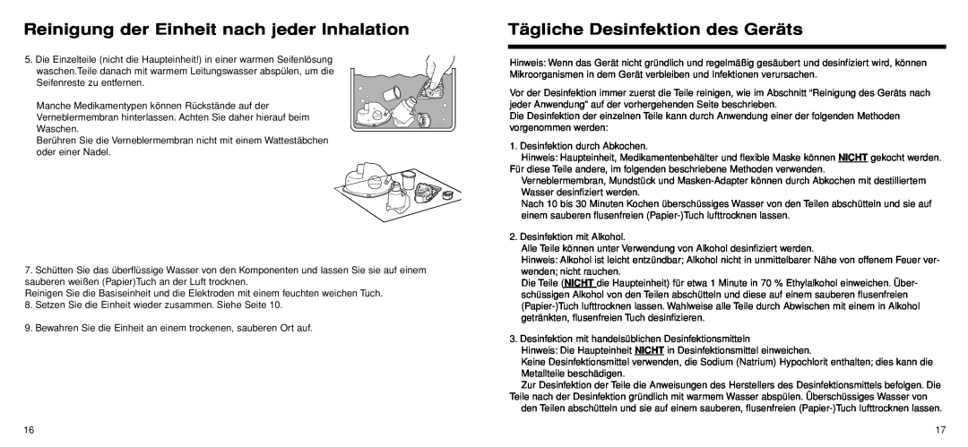 Omron Healthcare U22 instruction manual Tägliche Desinfektion des Geräts, Reinigung der Einheit nach jeder Inhalation 