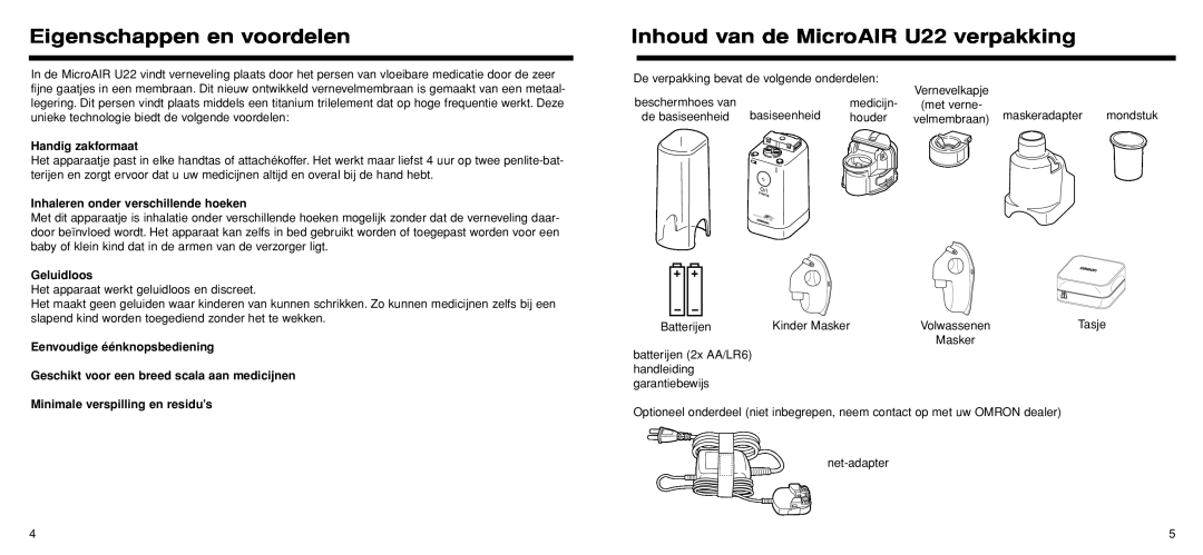 Omron Healthcare Eigenschappen en voordelen, Inhoud van de MicroAIR U22 verpakking, Handig zakformaat, Geluidloos 