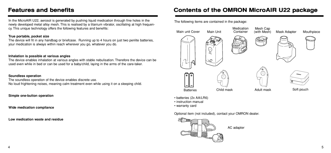 Omron Healthcare Features and benefits, Contents of the OMRON MicroAIR U22 package, True portable, pocket size 
