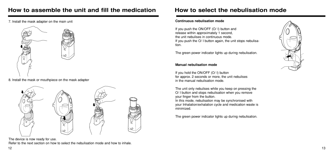 Omron Healthcare U22 How to select the nebulisation mode, Continuous nebulisation mode, Manual nebulisation mode 