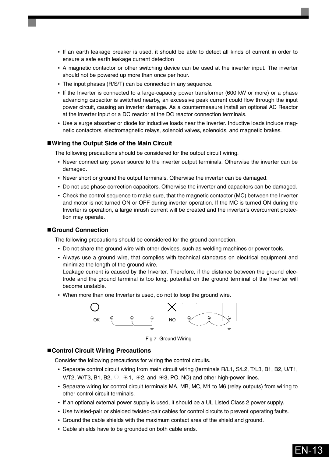 Omron Healthcare VARISPEEDF7 EN-13, „Wiring the Output Side of the Main Circuit, „Ground Connection, Ground Wiring 