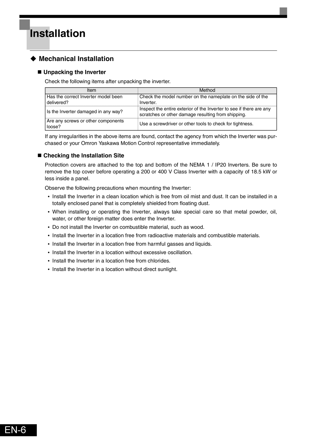 Omron Healthcare VARISPEEDF7 EN-6, ‹ Mechanical Installation, „ Unpacking the Inverter, „ Checking the Installation Site 
