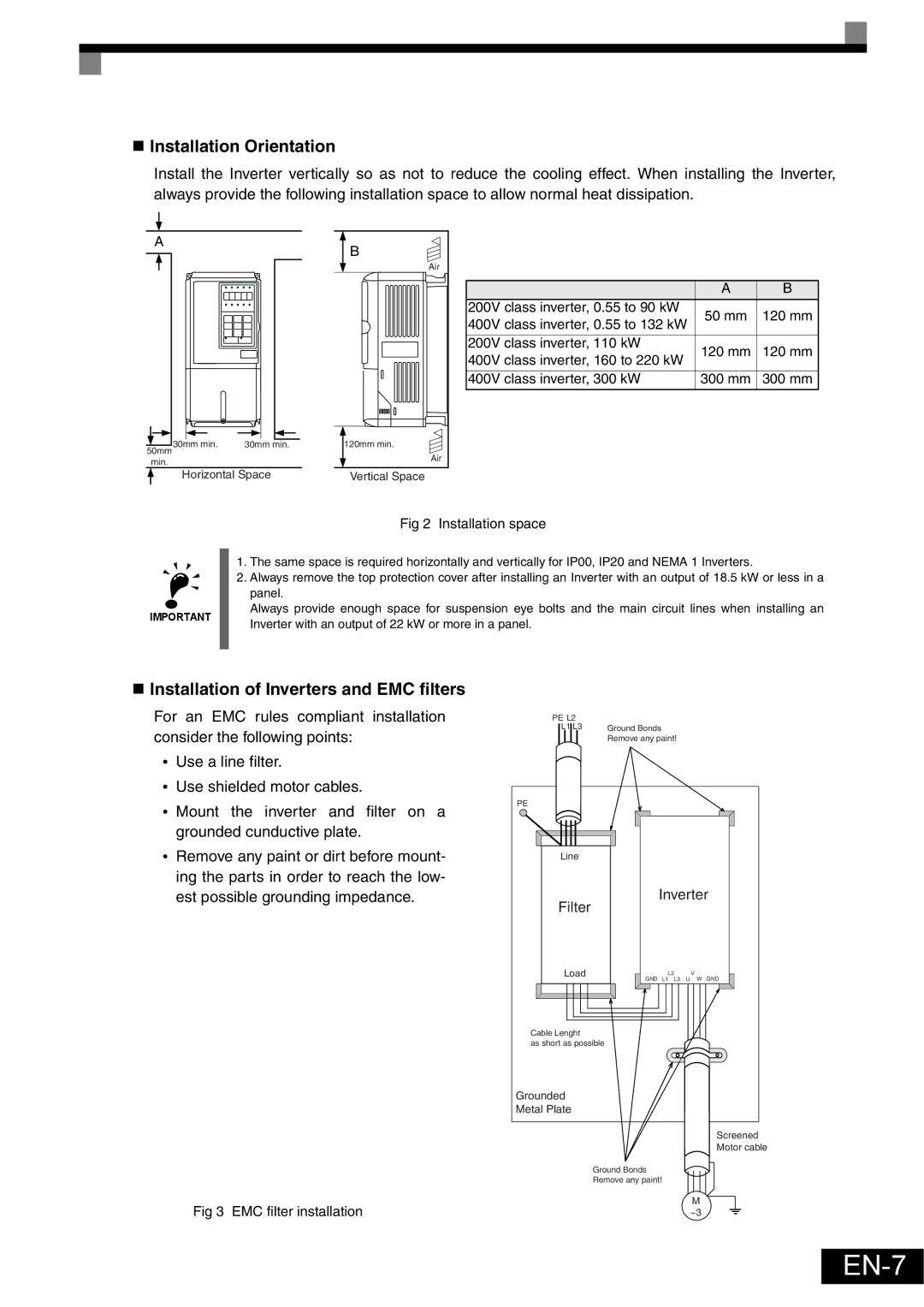 Omron Healthcare VARISPEEDF7 specifications EN-7, „ Installation Orientation, „ Installation of Inverters and EMC filters 