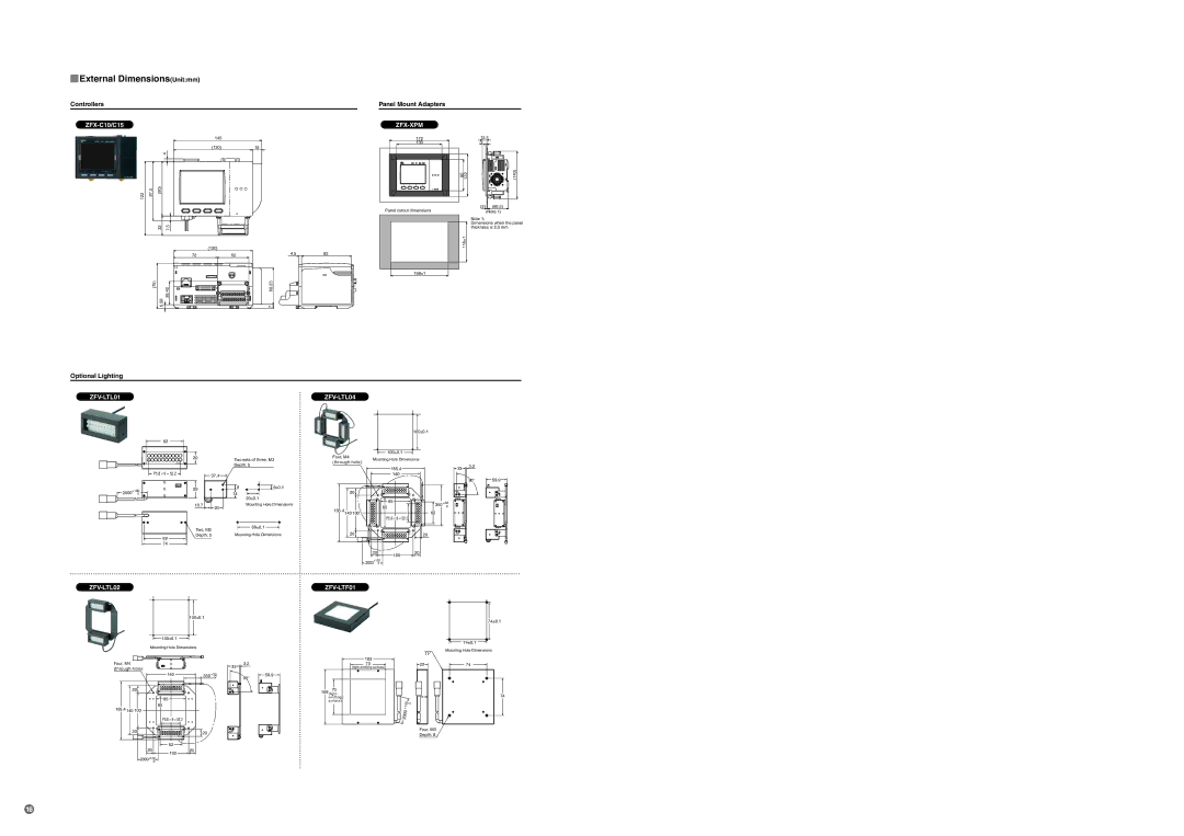 Omron Healthcare ZFX-C specifications External DimensionsUnitmm, Controllers Panel Mount Adapters, Optional Lighting 