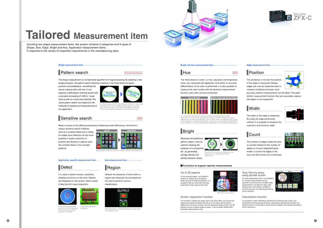 Omron Healthcare ZFX-C specifications Sensitive search, HueNEW, Position, Width, Bright Count, Defect Region 