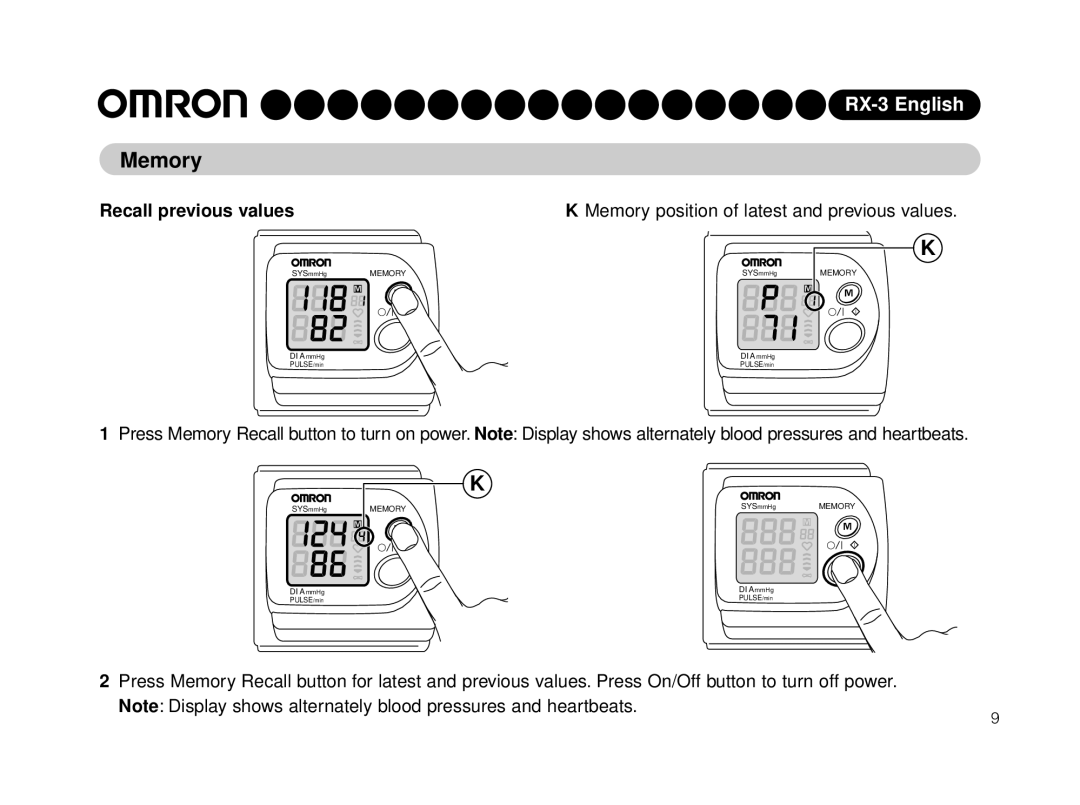 Omron HEM-640-E instruction manual Memory, Recall previous values 