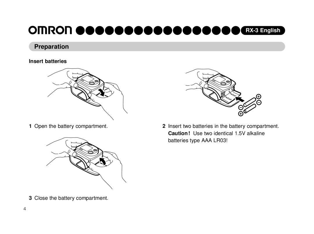 Omron HEM-640-E instruction manual Preparation, Insert batteries 