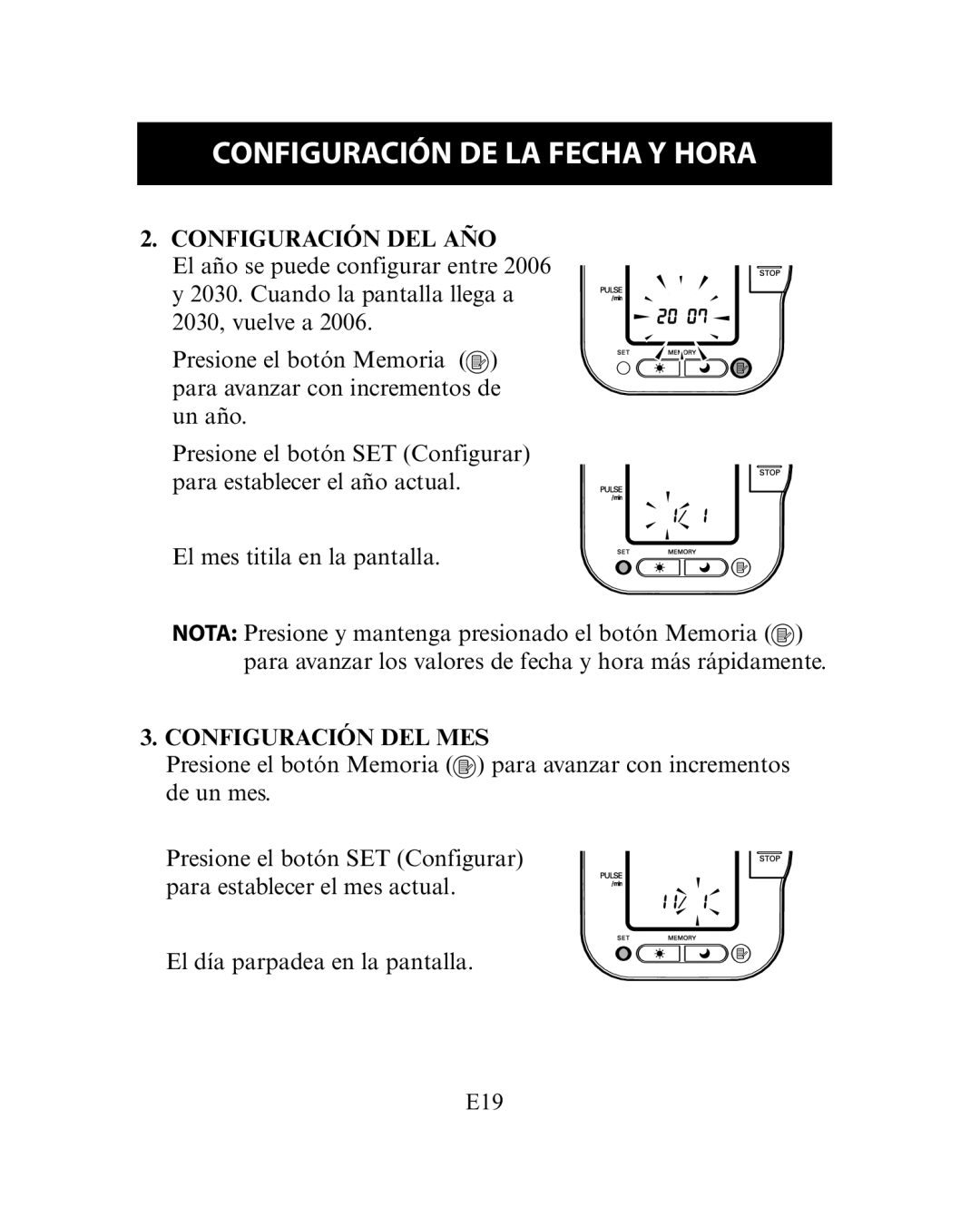 Omron HEM-780 manual Configuración DEL AÑO, Configuración DEL MES 