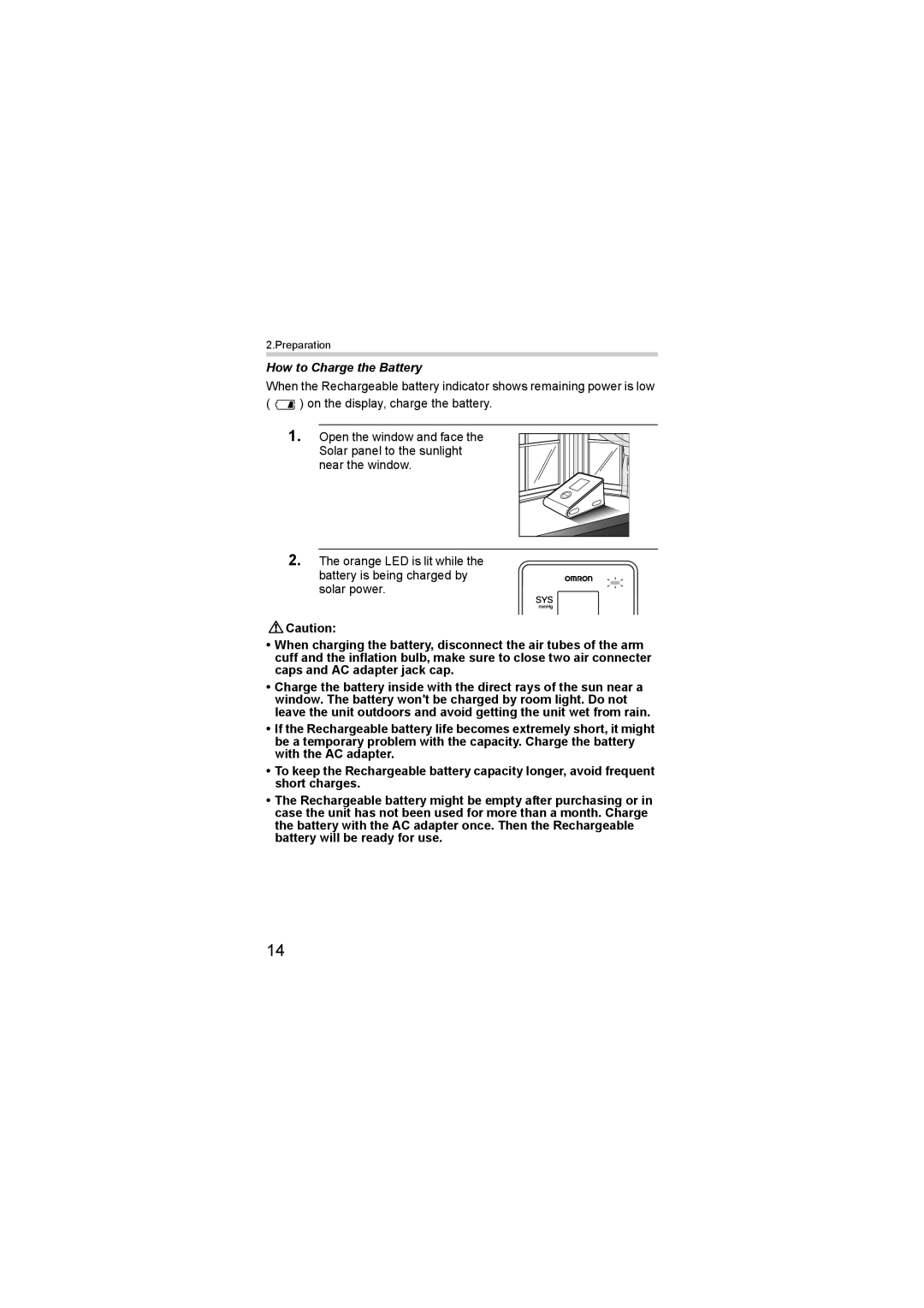 Omron HEM-SOLAR instruction manual How to Charge the Battery 