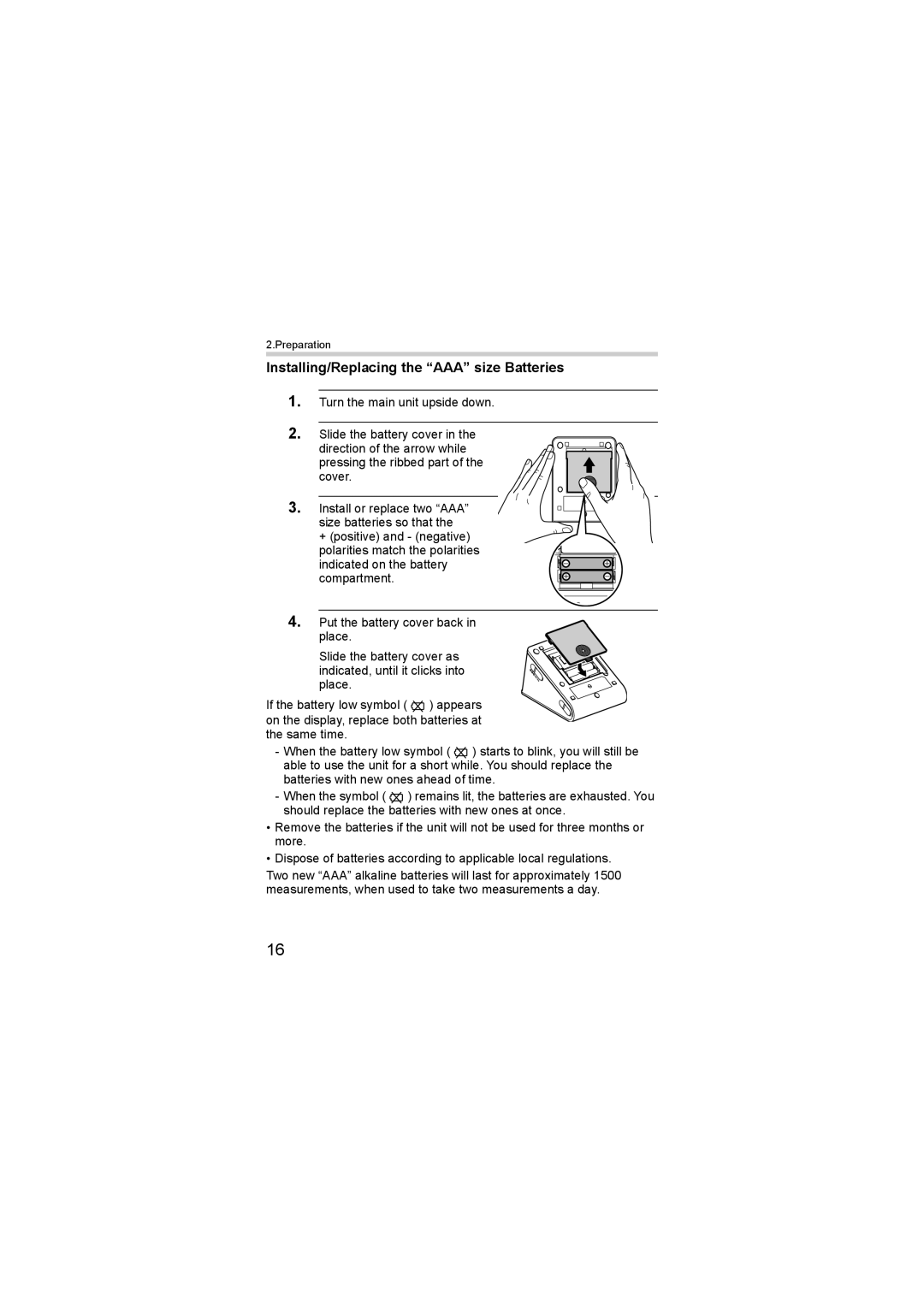 Omron HEM-SOLAR instruction manual Installing/Replacing the AAA size Batteries 