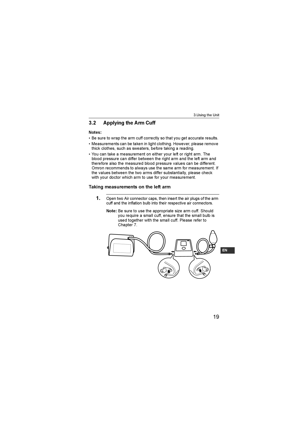 Omron HEM-SOLAR instruction manual Applying the Arm Cuff, Taking measurements on the left arm 