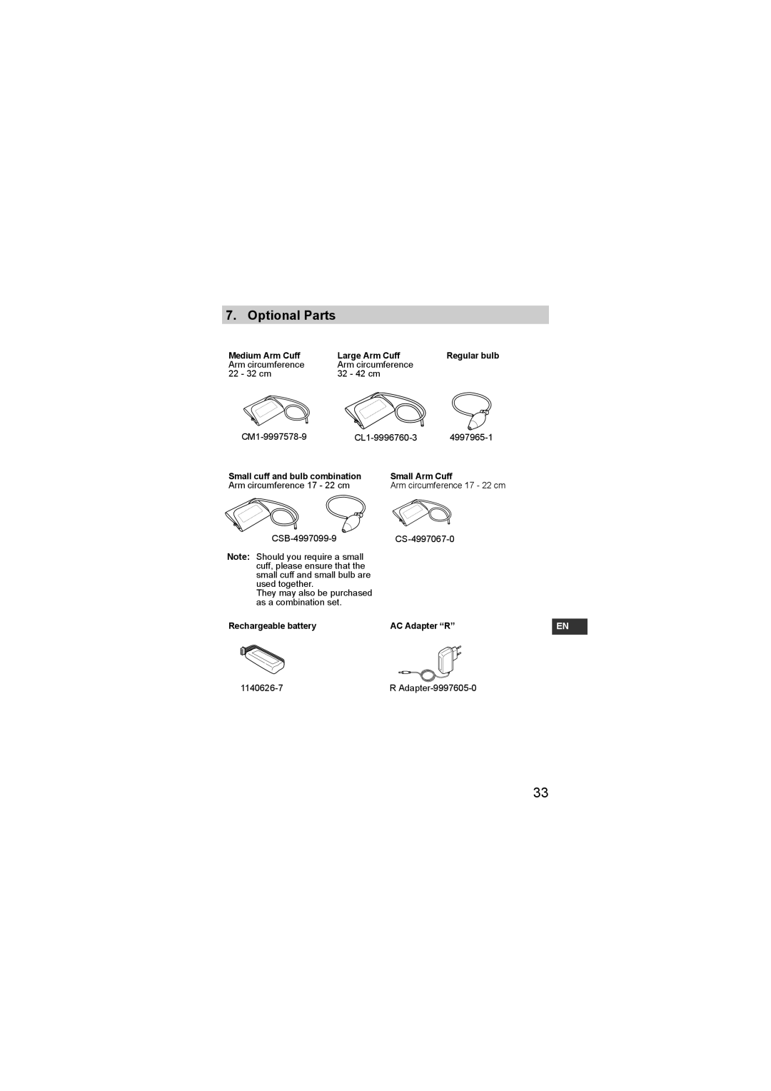 Omron HEM-SOLAR instruction manual Optional Parts, Small cuff and bulb combination Small Arm Cuff 