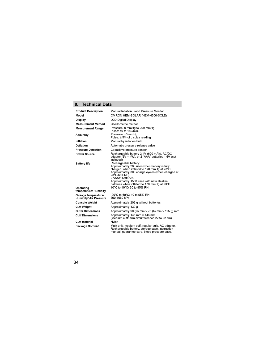 Omron HEM-SOLAR instruction manual Technical Data 