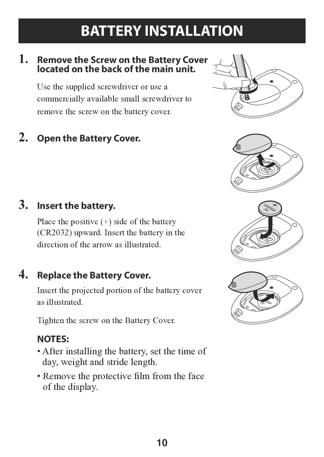 Omron HJ-112 instruction manual Battery Installation, Open the Battery Cover Insert the battery, Replace the Battery Cover 