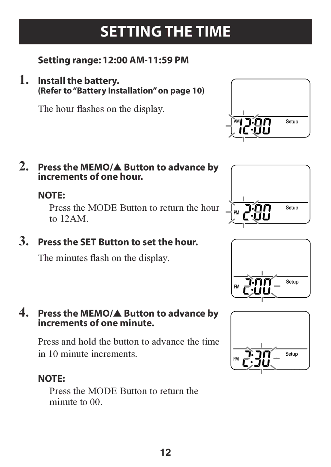 Omron HJ-112 Setting the Time, Setting range 1200 AM-1159 PM Install the battery, Press the SET Button to set the hour 