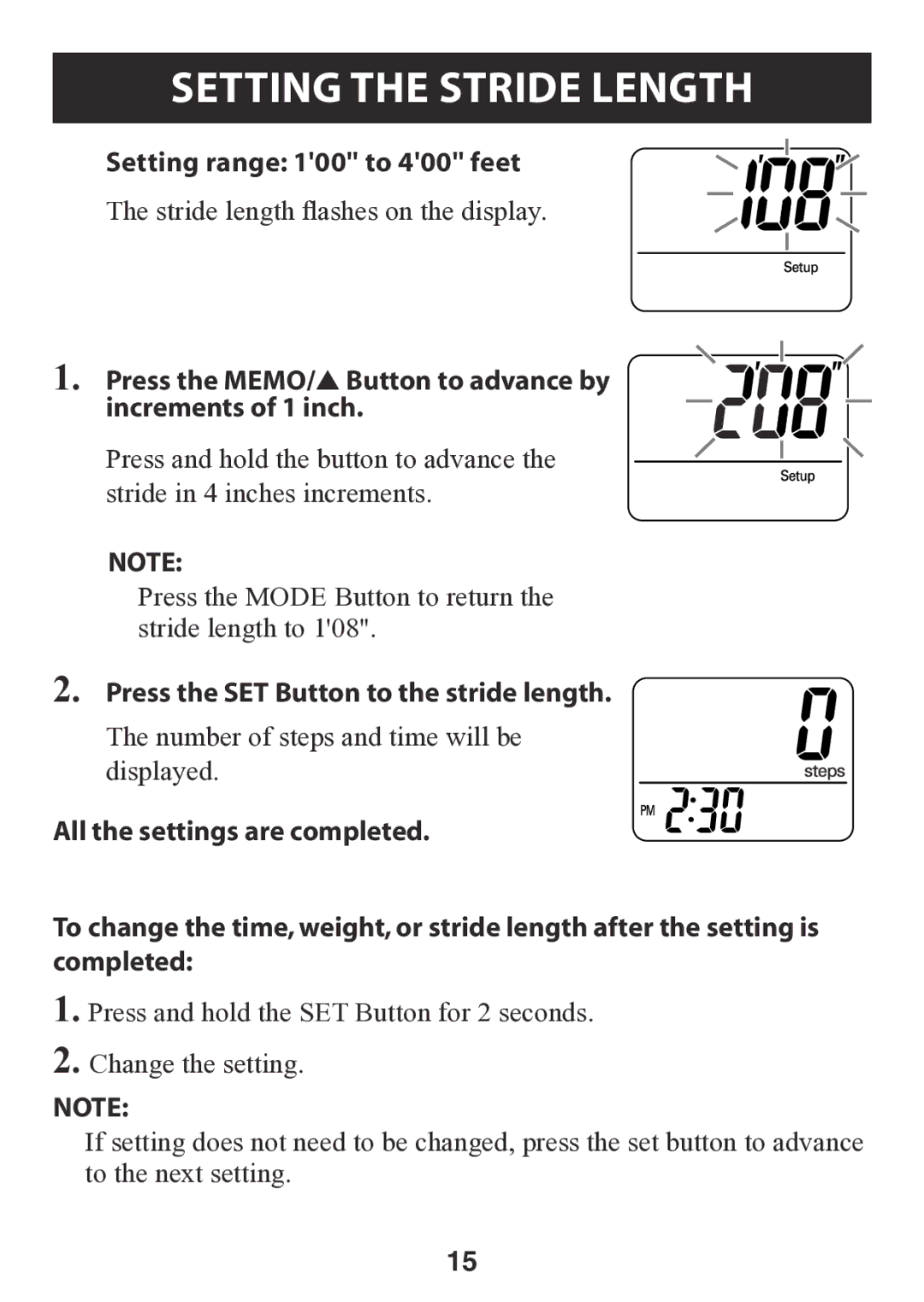 Omron HJ-112 Setting the Stride Length, Setting range 100 to 400 feet, Press the SET Button to the stride length 