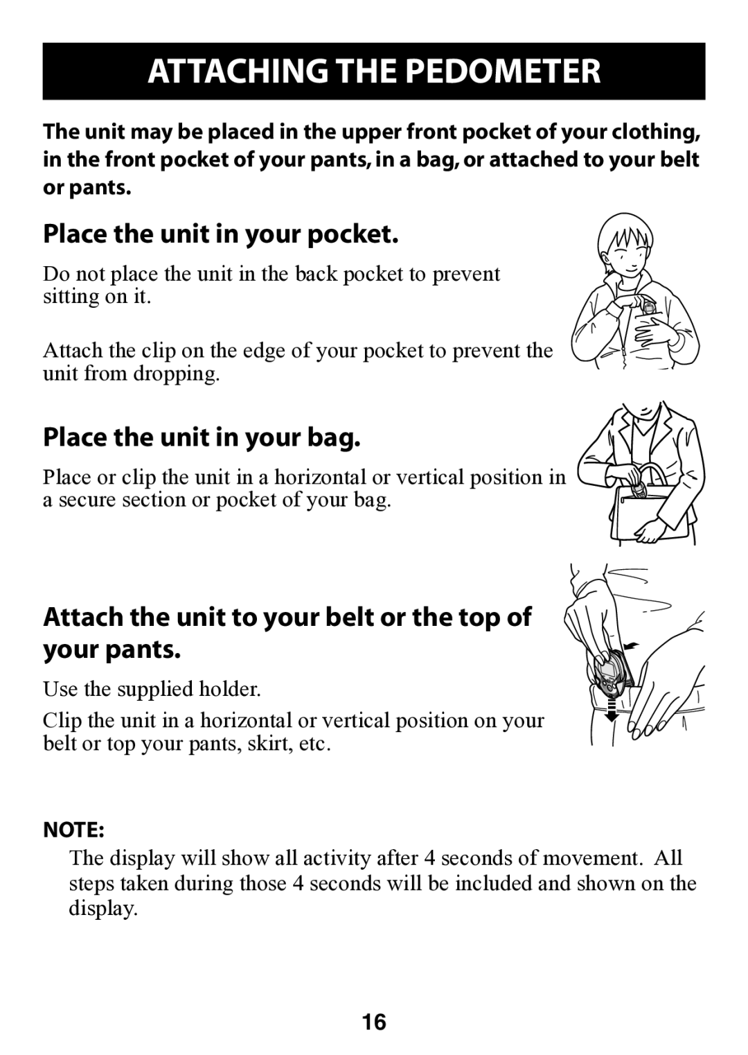 Omron HJ-112 instruction manual Attaching the Pedometer, Place the unit in your pocket 