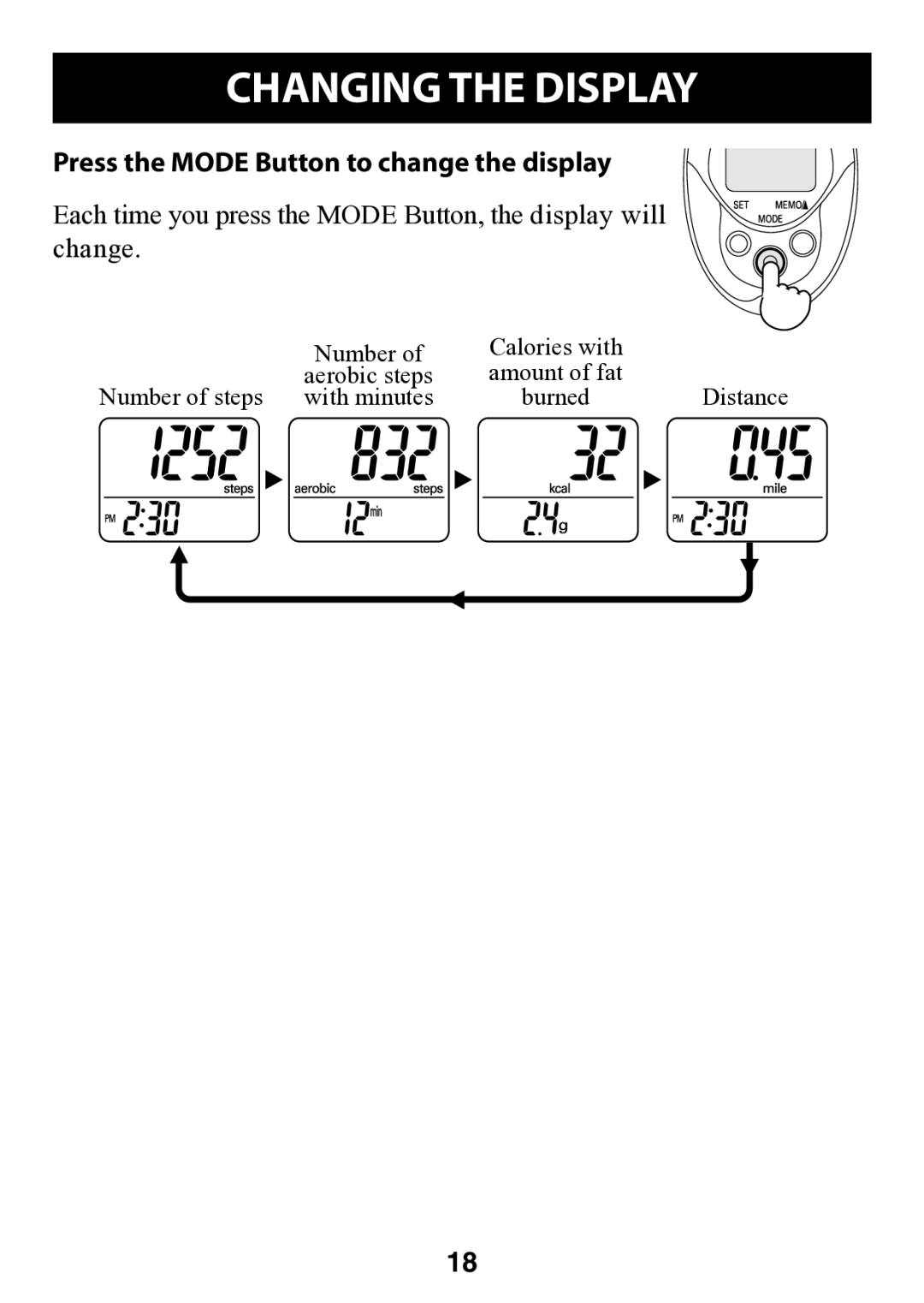 Omron HJ-112 instruction manual Changing the Display, Press the Mode Button to change the display 