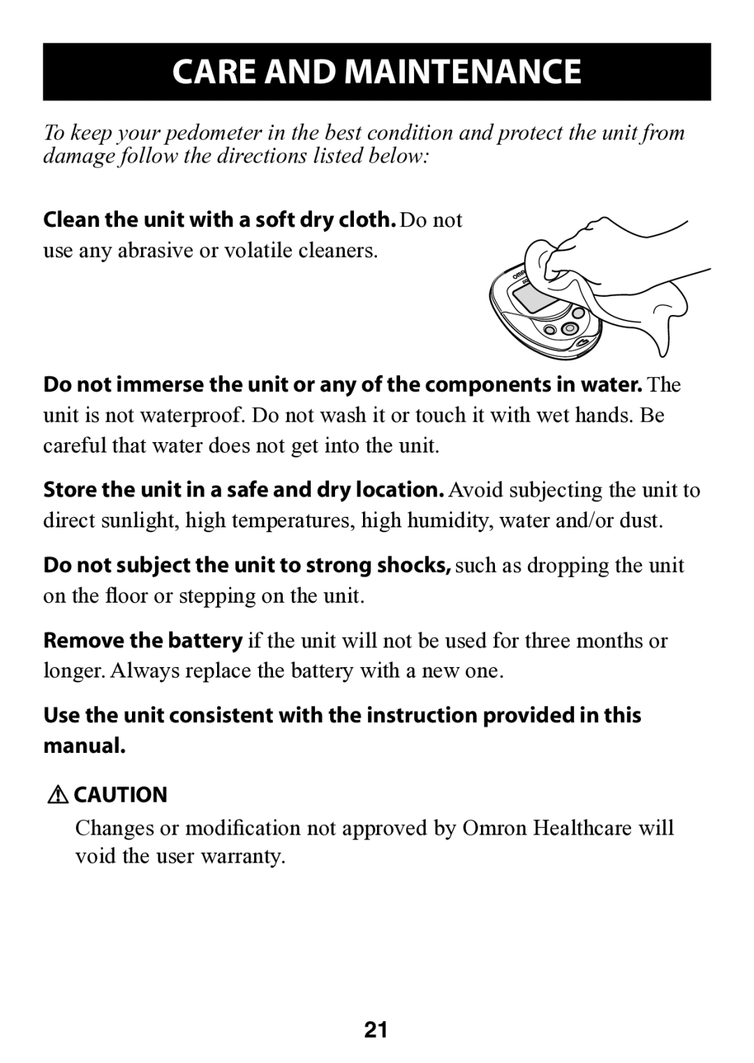 Omron HJ-112 instruction manual Care and Maintenance 