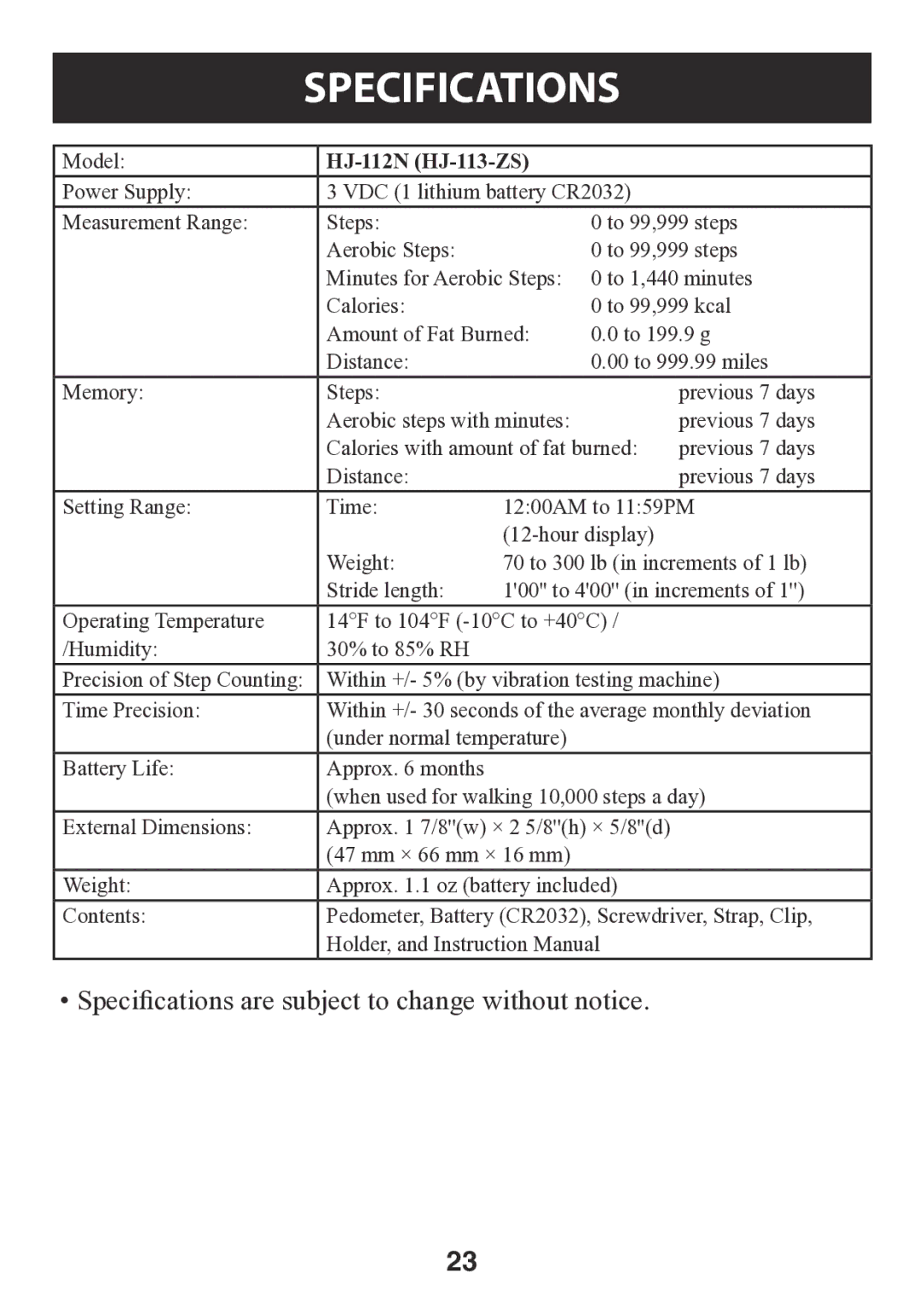 Omron instruction manual Specifications, HJ-112N HJ-113-ZS 