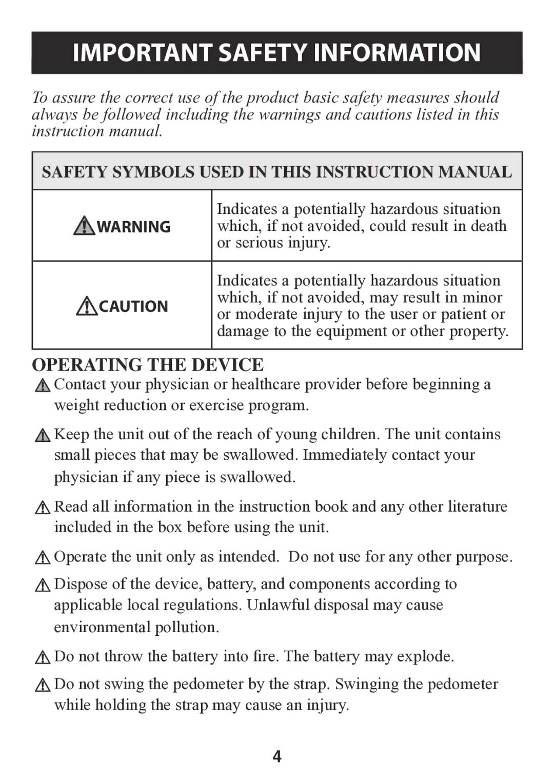 Omron HJ-112 instruction manual Important Safety Information, Operating the Device 