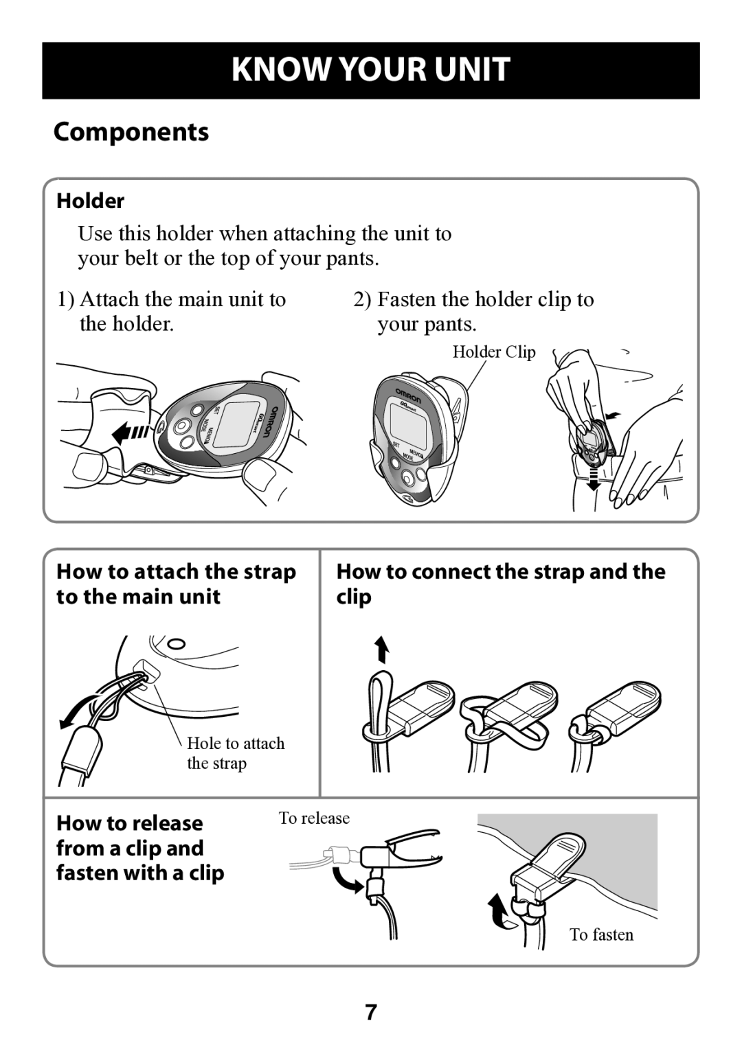 Omron HJ-112 instruction manual Components, How to attach the strap to the main unit 