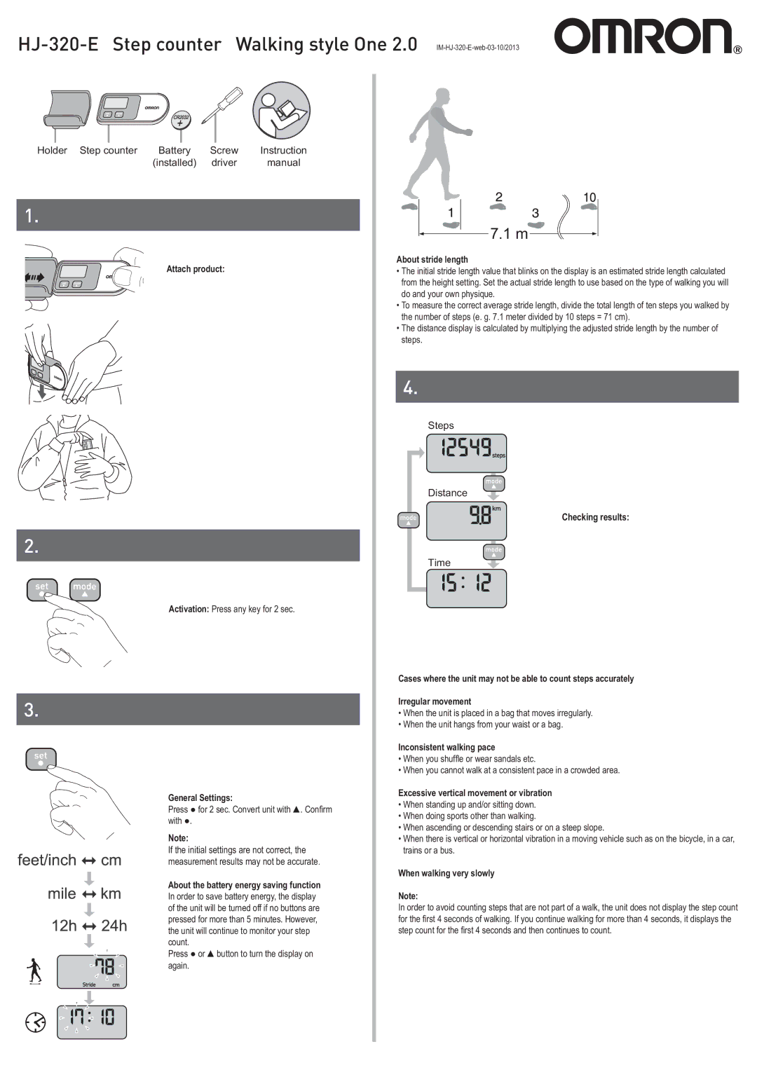 Omron manual HJ-320-E Step counter Walking style One, P 
