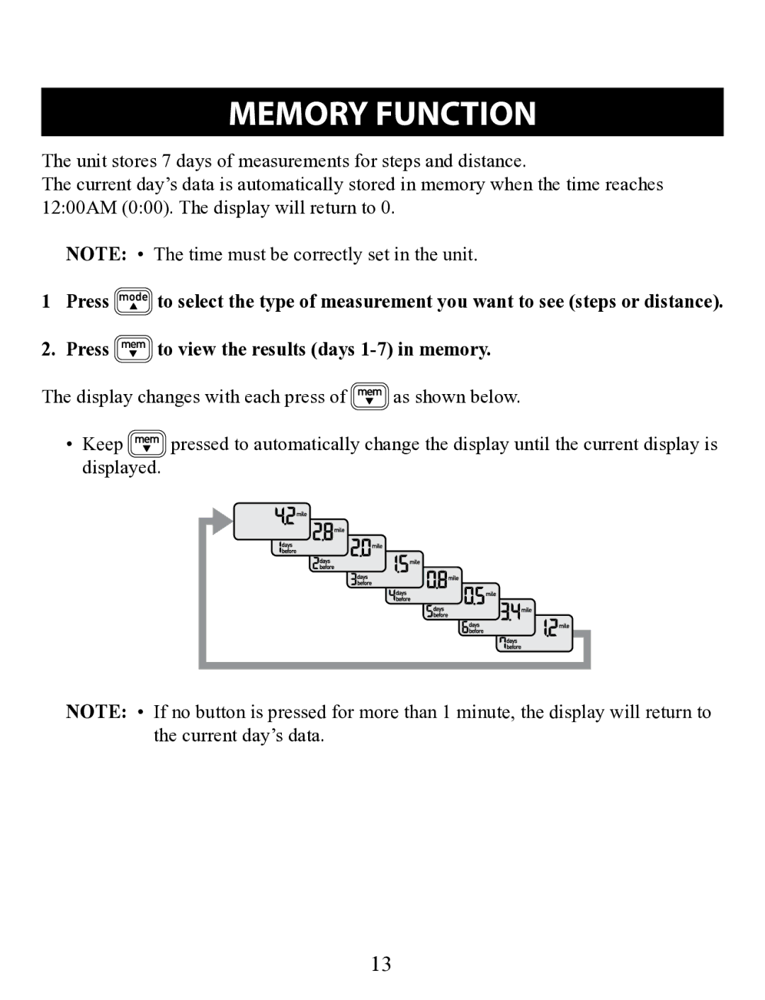 Omron HJ-320 instruction manual Memory Function, Press to view the results days 1-7 in memory 