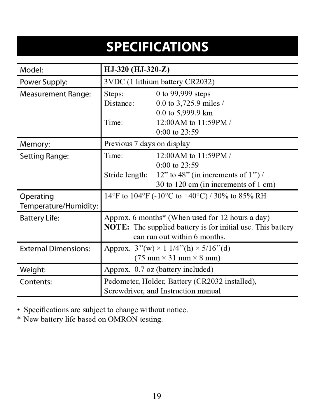 Omron instruction manual Specifications, HJ-320 HJ-320-Z 