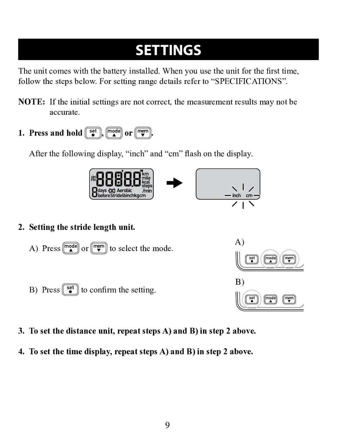 Omron HJ-320 instruction manual Settings, Press and hold , or, Setting the stride length unit 