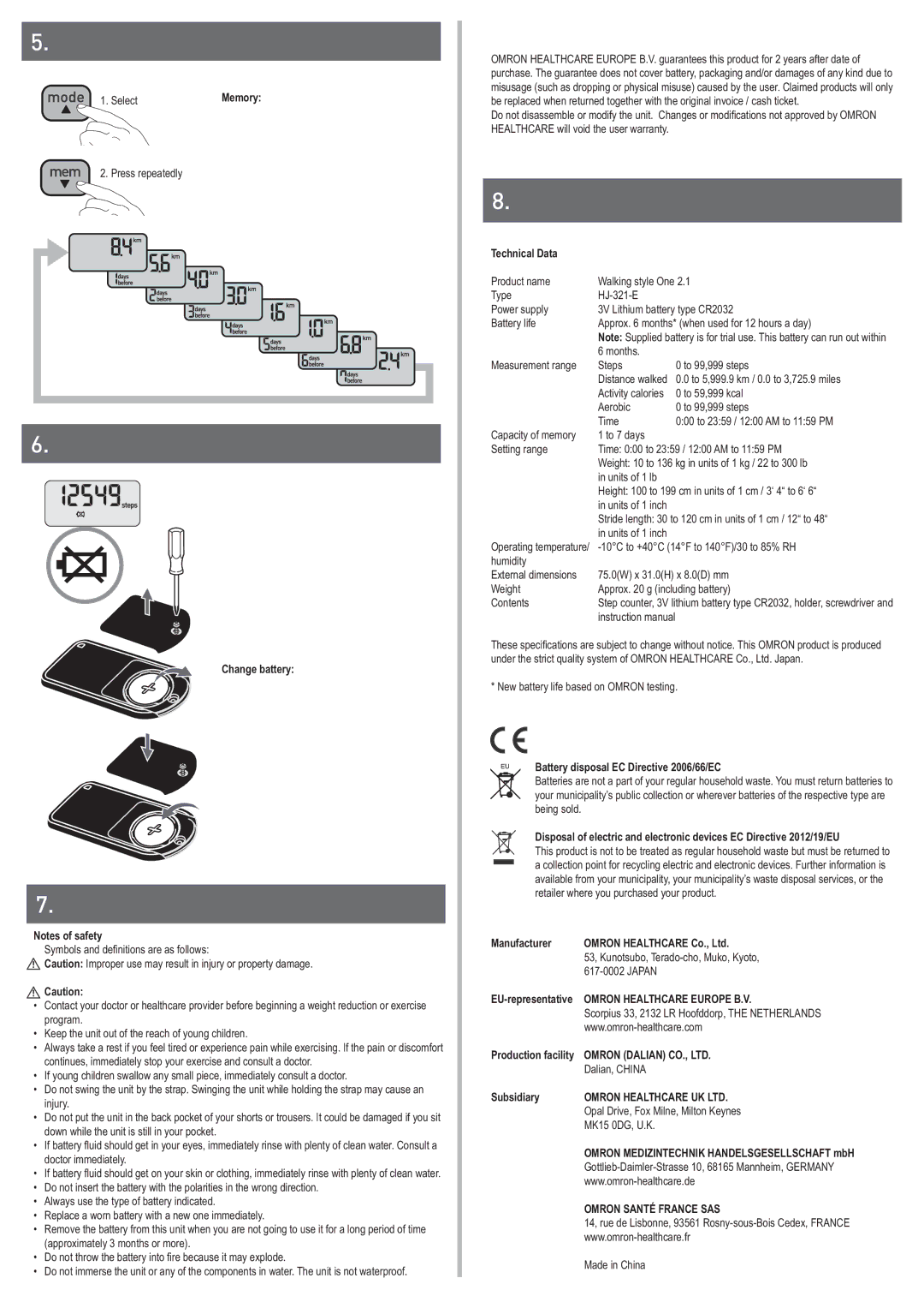 Omron HJ-321-E manual Omron Healthcare Europe B.V 