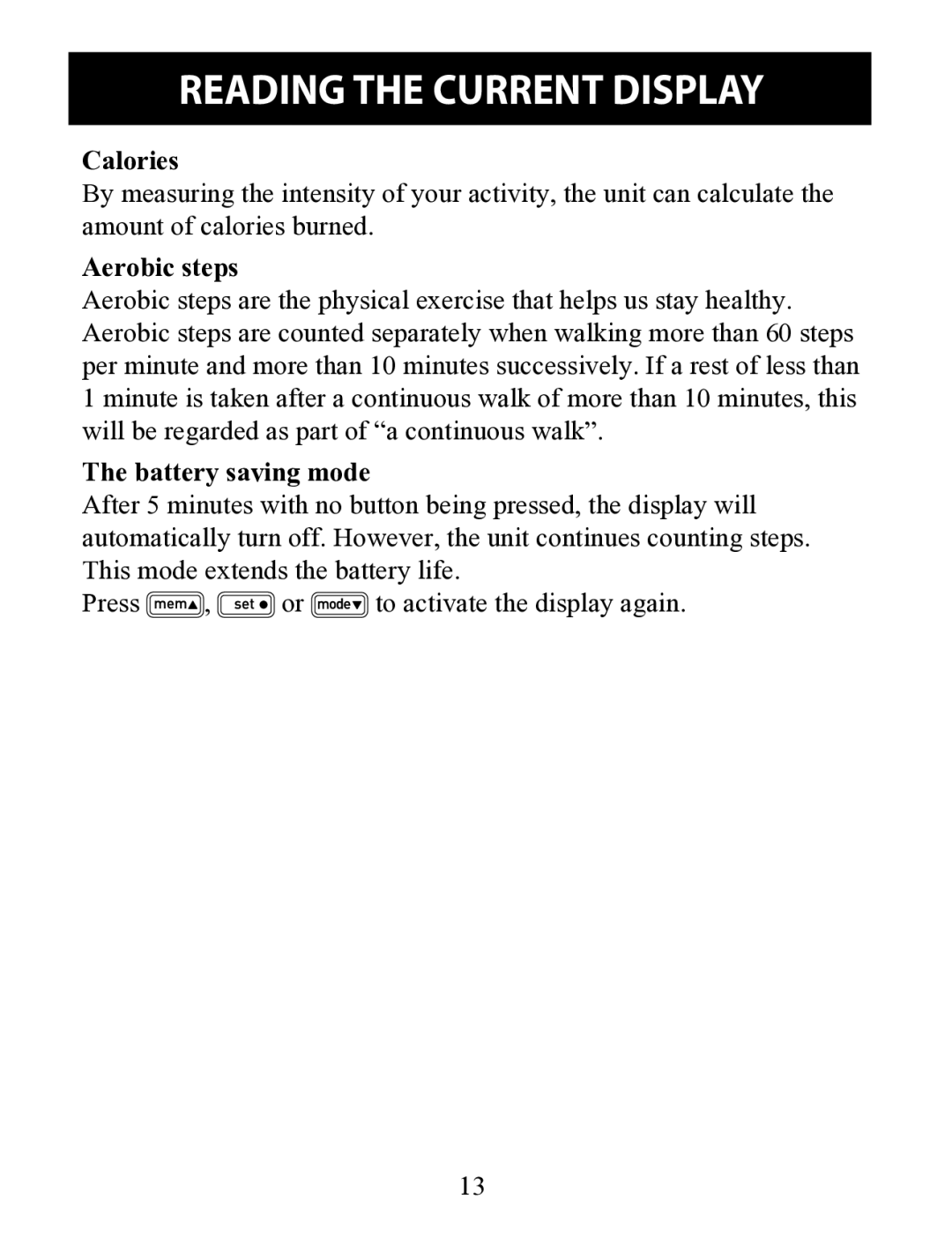 Omron HJ-322U instruction manual Calories, Aerobic steps, Battery saving mode 