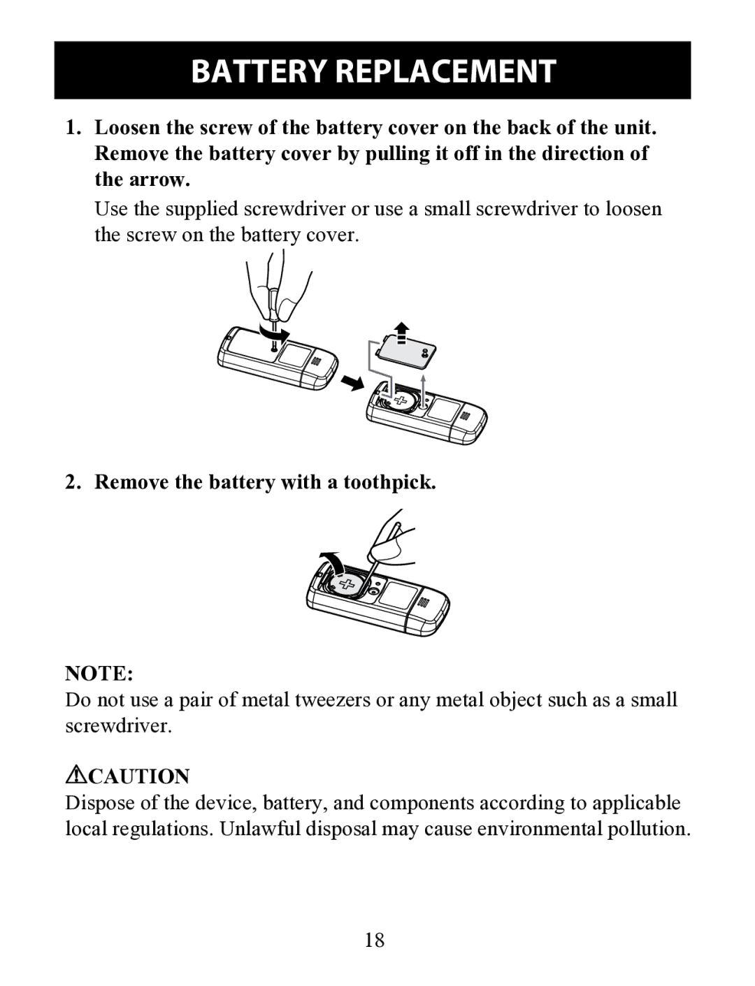 Omron HJ-322U instruction manual Battery Replacement, Remove the battery with a toothpick 