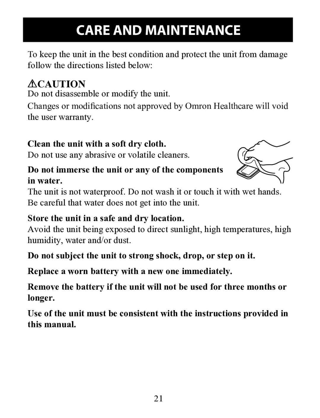 Omron HJ-322U Care and Maintenance, Clean the unit with a soft dry cloth, Store the unit in a safe and dry location 