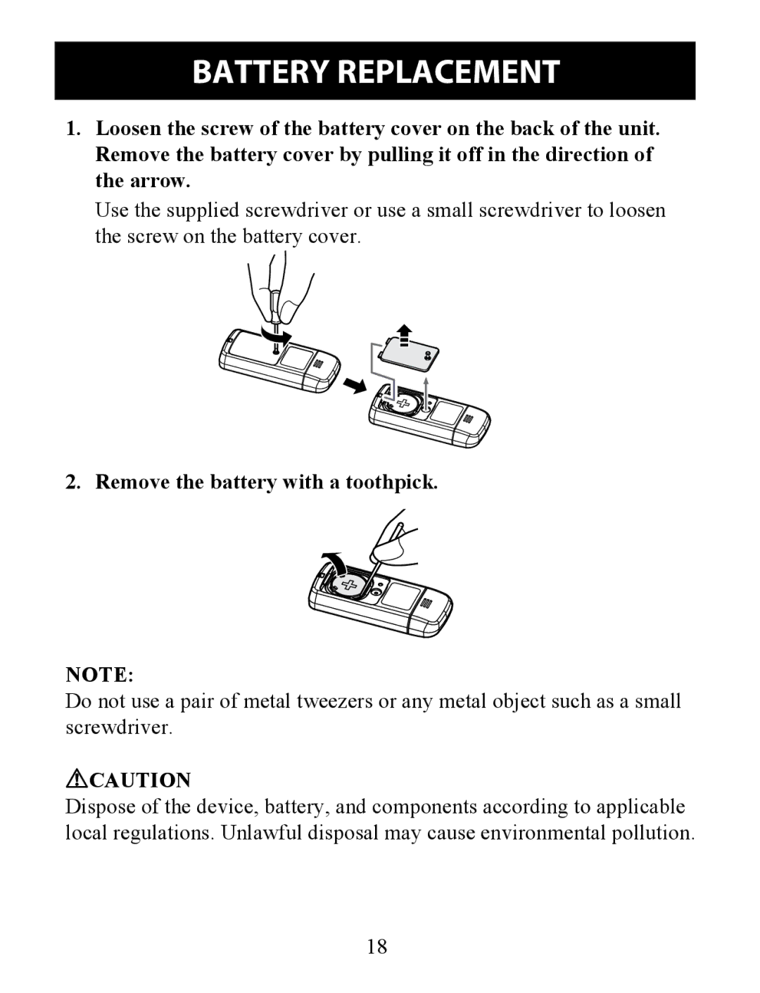 Omron HJ-324U instruction manual Battery Replacement, Remove the battery with a toothpick 