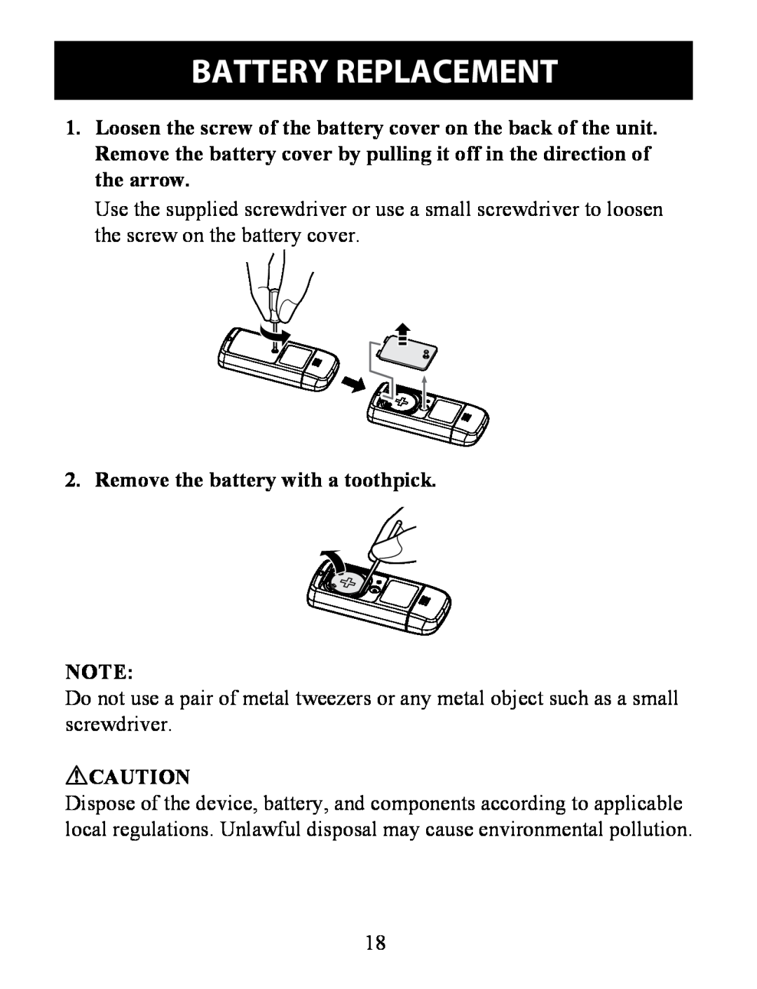 Omron HJ-324U instruction manual Battery Replacement, Remove the battery with a toothpick 